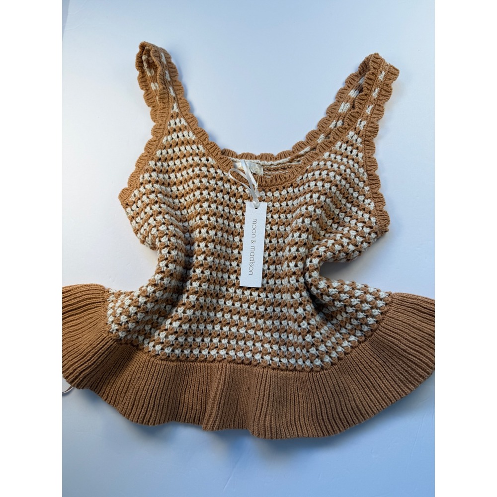 Moon & Madison Women Camel Brown Crochet Knit Peplum Tank Top NWT M
